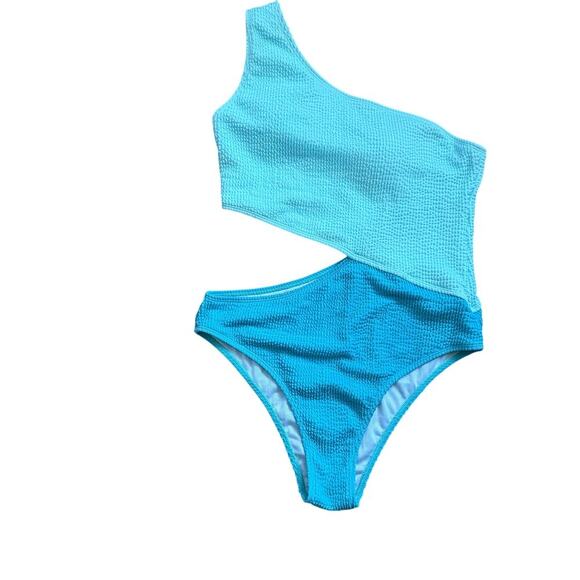Colorblock Two Toned Blue One Shoulder Cut Out One Piece Swimsuit Size L - Picture 1 of 10
